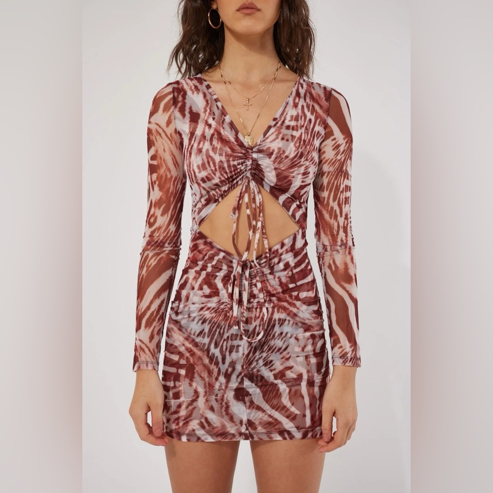 NWOT BY.DLYN Romeo Mesh Cut Out Leopard Print Dress - Chocolate